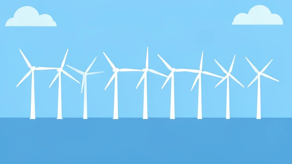 A row of white wind turbines standing in a calm blue sea under a clear sky