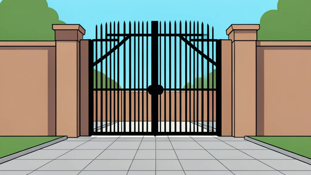 A heavy iron prison gate stands open, revealing a quiet paved courtyard bathed in soft, neutral light.