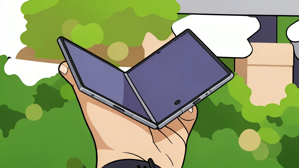 A sleek, rectangular smartphone with a flexible hinge mechanism folded in half, resting on a minimalist white surface.