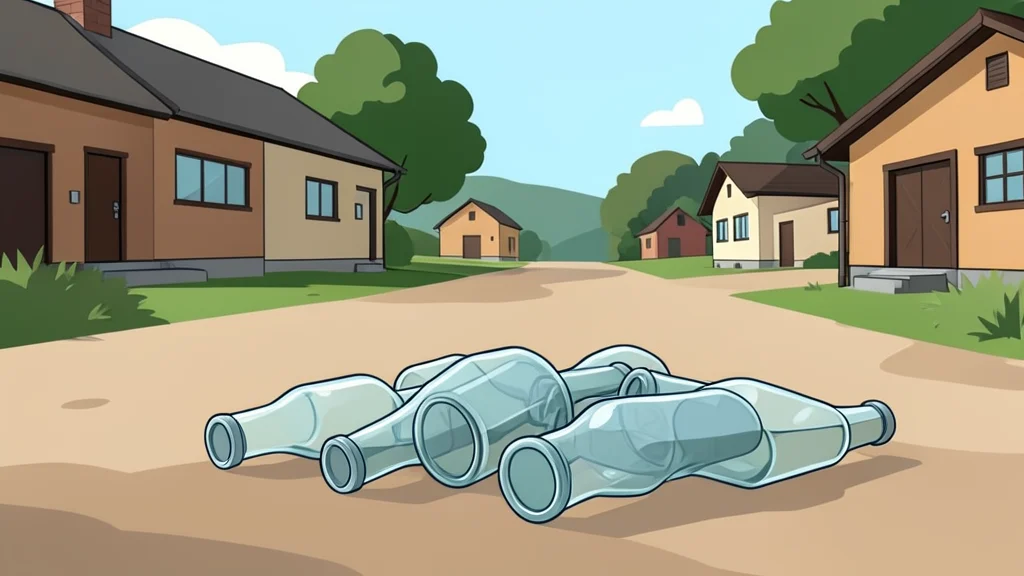 A cluster of empty glass bottles lying on dusty ground near a rural village entrance