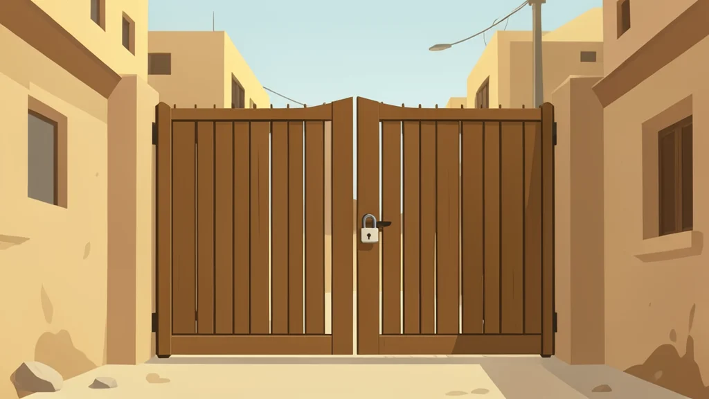 A closed wooden school gate with a padlock, set against a dusty, sunlit street in a Central Asian city.