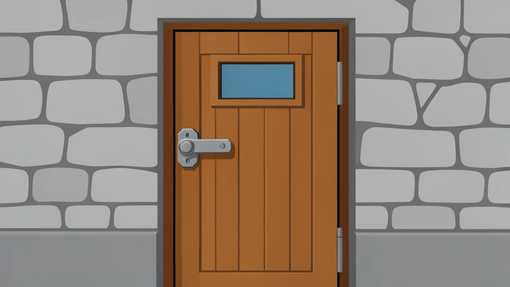 A closed wooden door with a heavy metal lock and a small window, set in a stone wall.