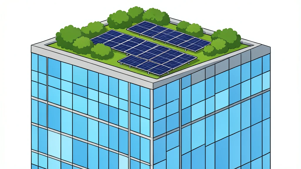 A modern glass office building with a rooftop garden and solar panels