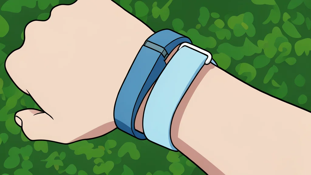 A close-up of a sleek, screenless fitness tracker band resting on a wooden surface next to a tangled, older rubber wristband.