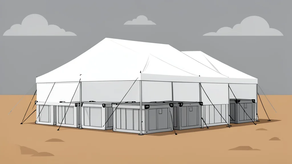 A stack of white emergency relief tents and supply crates in a dusty, open field under a grey sky