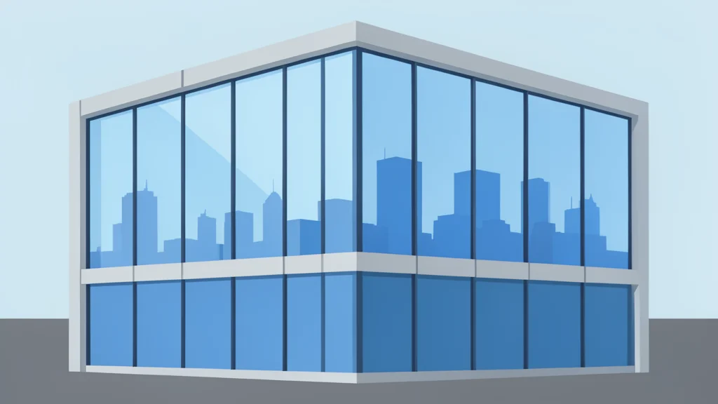A modern office building with large glass windows reflecting a city skyline