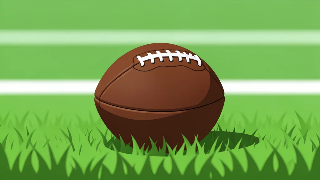 A green football field with white yard lines and a brown leather football resting on the grass