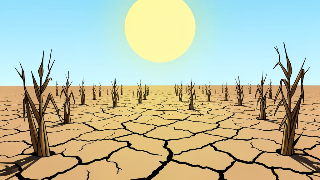 A dry, cracked earth field with sparse, withered crop stalks under a harsh sun