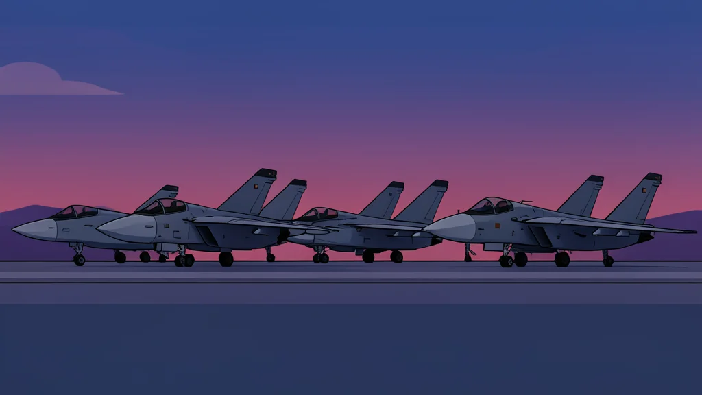 A row of military fighter jets parked on a tarmac at dusk