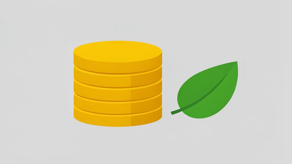 A stack of gold coins next to a small green leaf