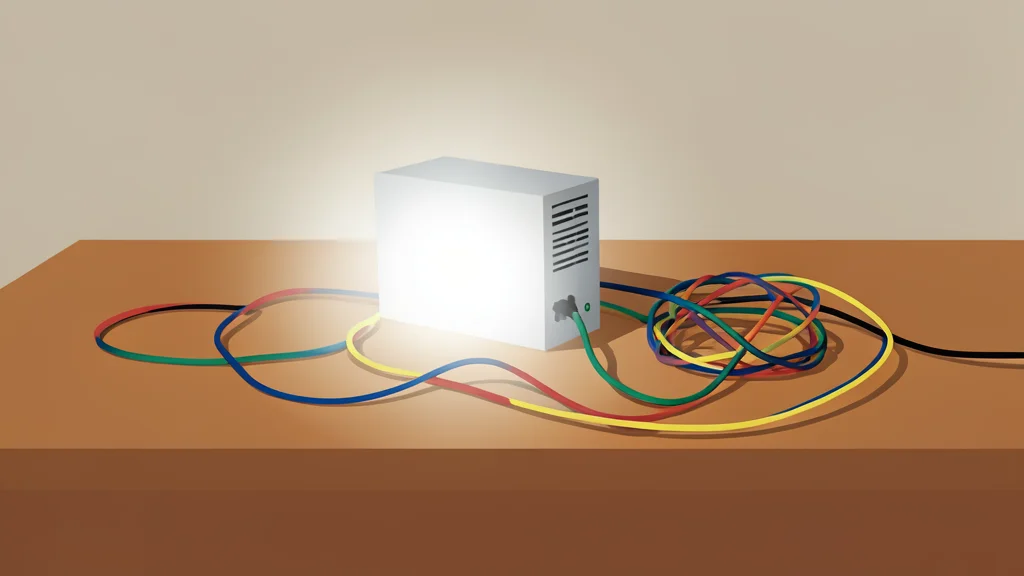 A tangled ball of colorful wires connected to a small, glowing server box on a wooden desk