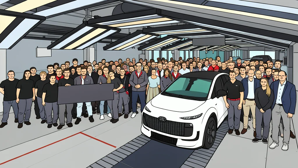 A sleek electric car chassis on an assembly line with robotic arms in the background.