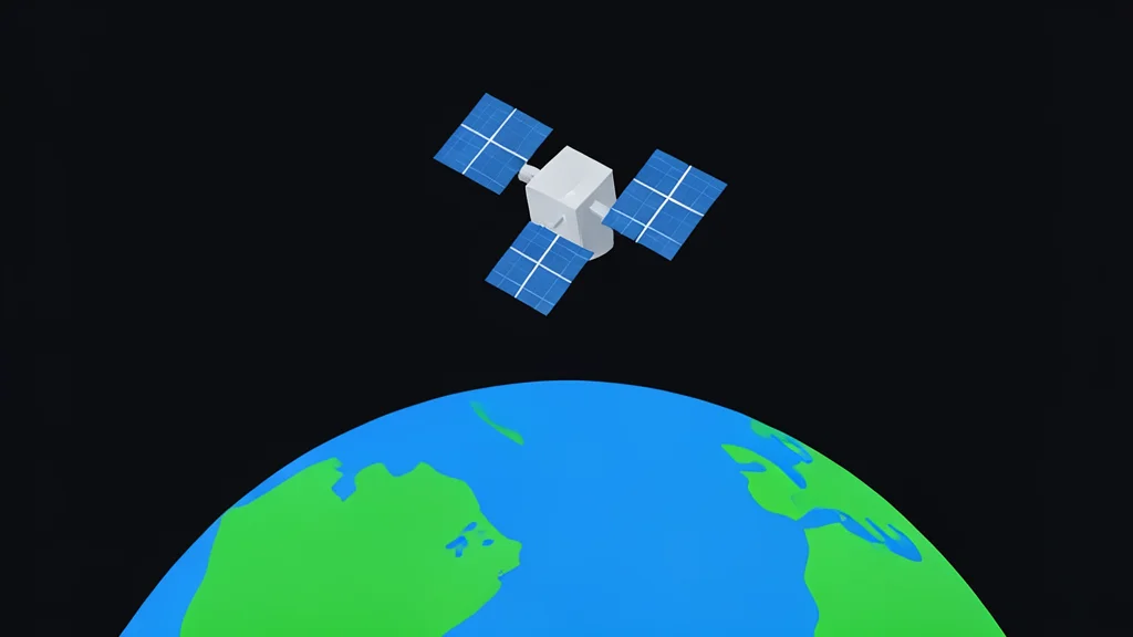 A stylized satellite orbiting above a curved horizon of the Earth