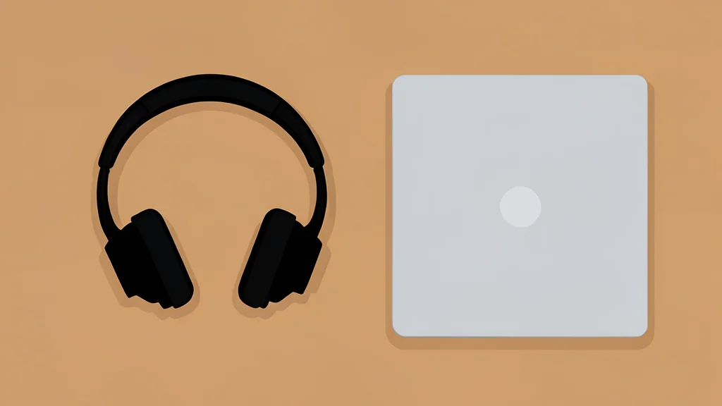 A pair of over-ear headphones resting on a wooden desk next to a closed laptop.