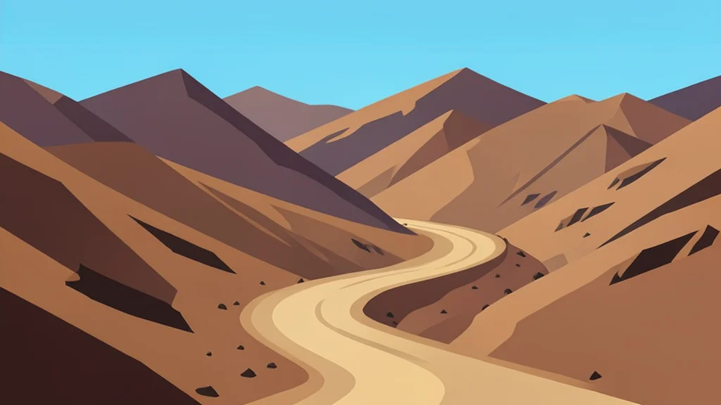 A rugged, arid mountain landscape with a winding dirt road cutting through the terrain.