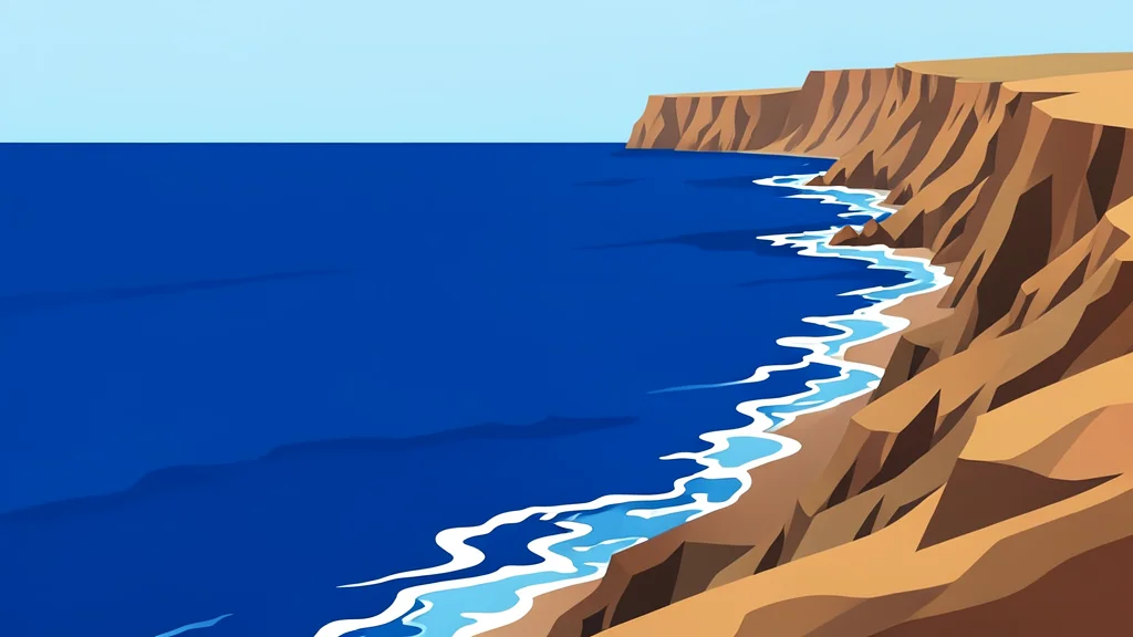 A wide expanse of deep blue sea with white foam from waves, bordered by a rugged, arid coastline with steep cliffs.