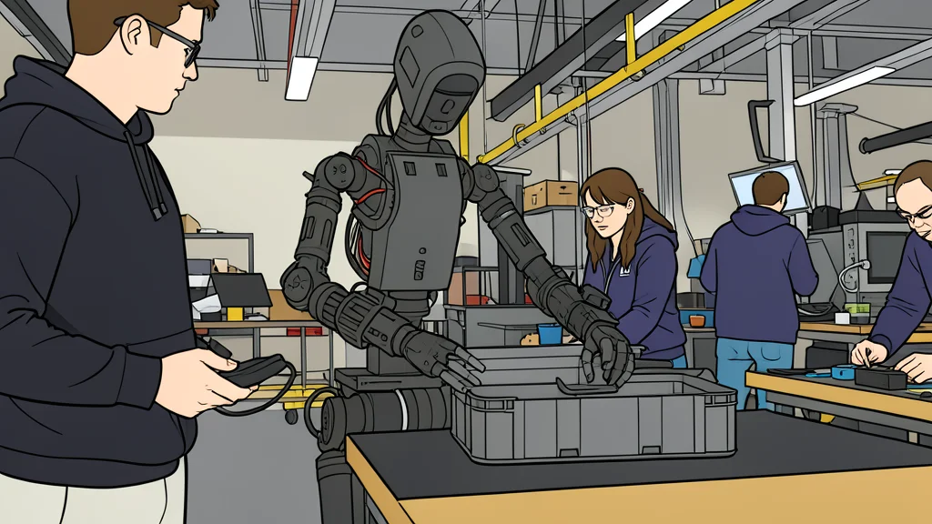 A bipedal humanoid robot standing on a polished industrial floor