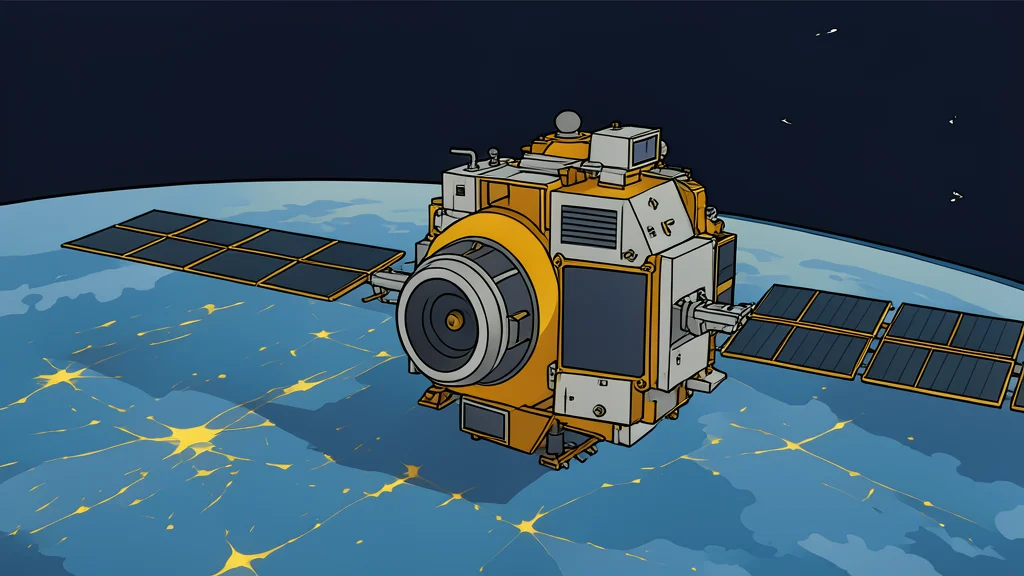 A stylized satellite orbiting high above the Earth's atmosphere against a backdrop of stars