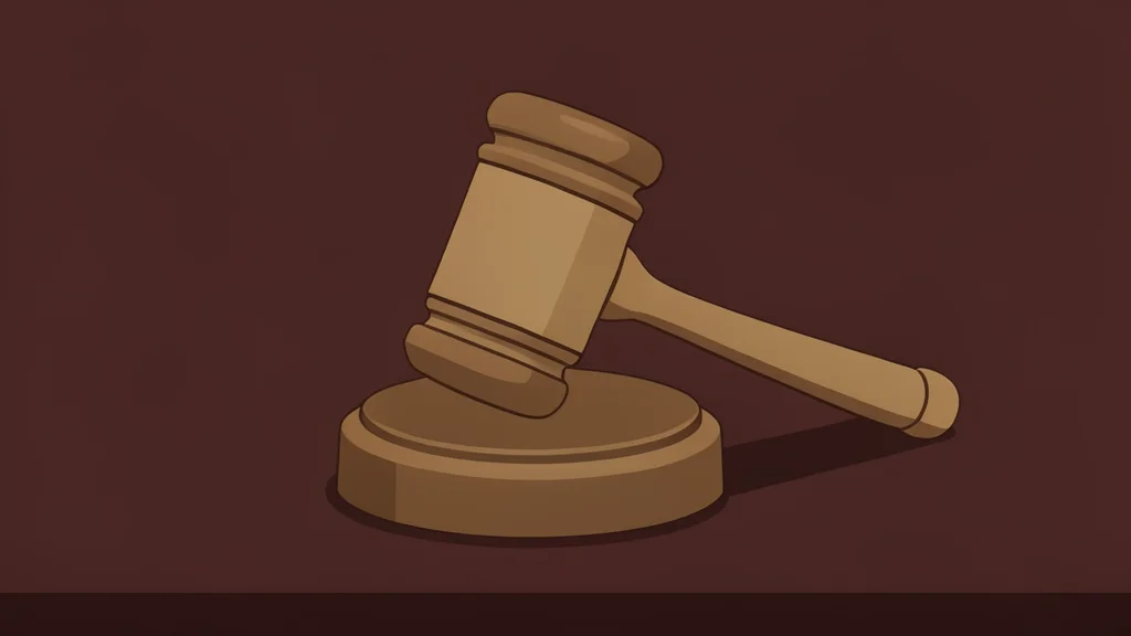 A wooden gavel resting on a dark mahogany desk surface