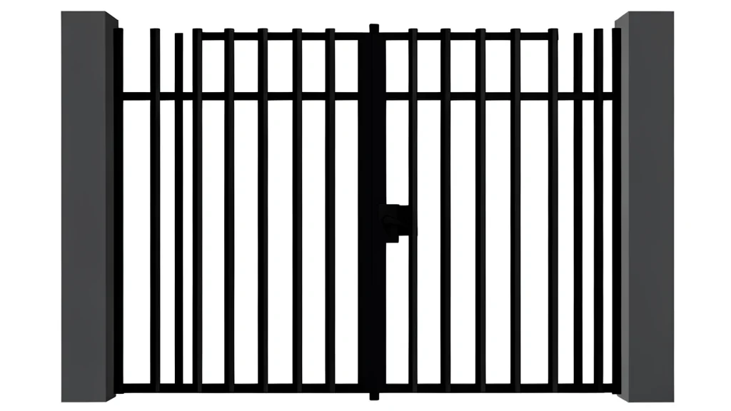 A heavy, rusted iron gate with vertical bars stands closed against a muted gray background, symbolizing confinement and isolation.