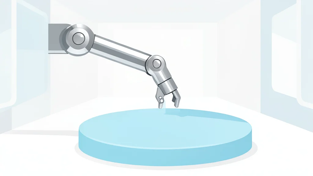 A metallic polishing arm hovering over a silicon disc in a cleanroom