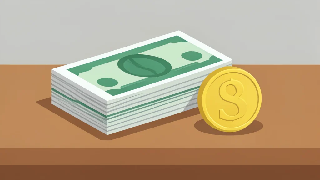 A stack of physical currency bills and a single gold coin resting on a wooden desk surface