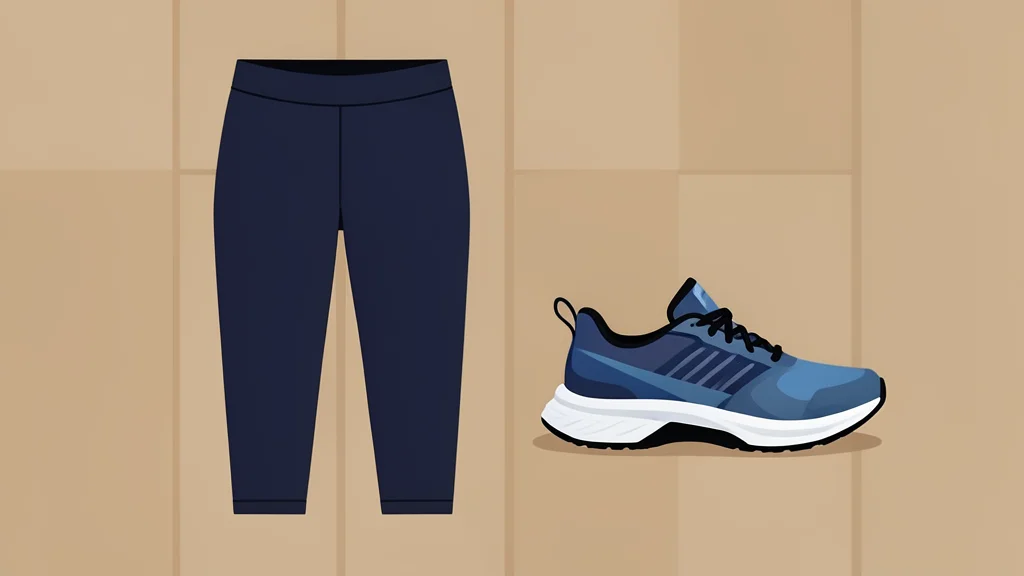 A pair of athletic leggings and a running shoe resting on a wooden floor.
