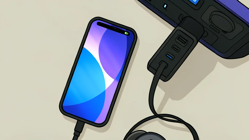 A compact, rectangular power adapter with four ports and a small digital display panel, sitting on a wooden desk next to a coiled charging cable.