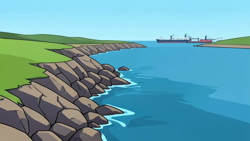 A rocky coastline meeting the sea near a narrow strait, with a distant port facility visible on the shore