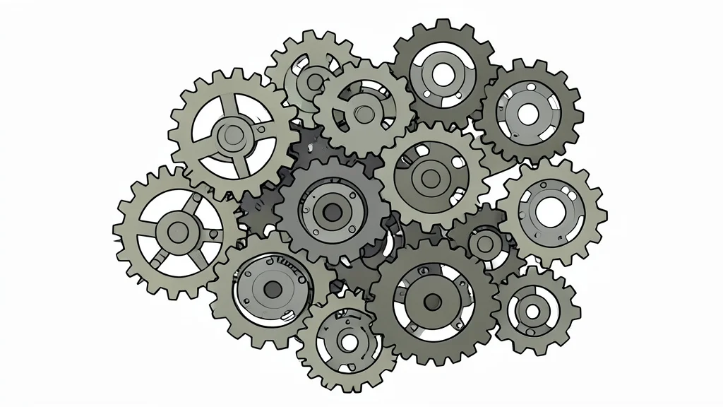 A complex, interlocking mechanical gear system with multiple moving parts
