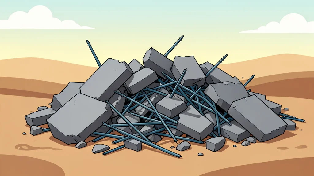 A pile of broken concrete slabs and twisted metal rebar in a dusty, sunlit landscape
