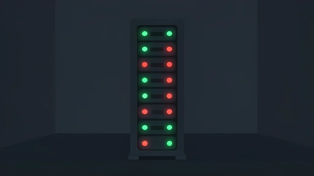 A glowing server rack with blinking status lights in a dark room