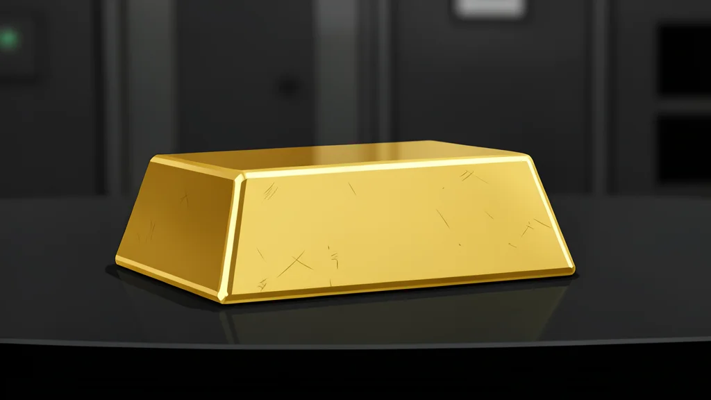 A single, polished gold bar resting on a dark, textured surface