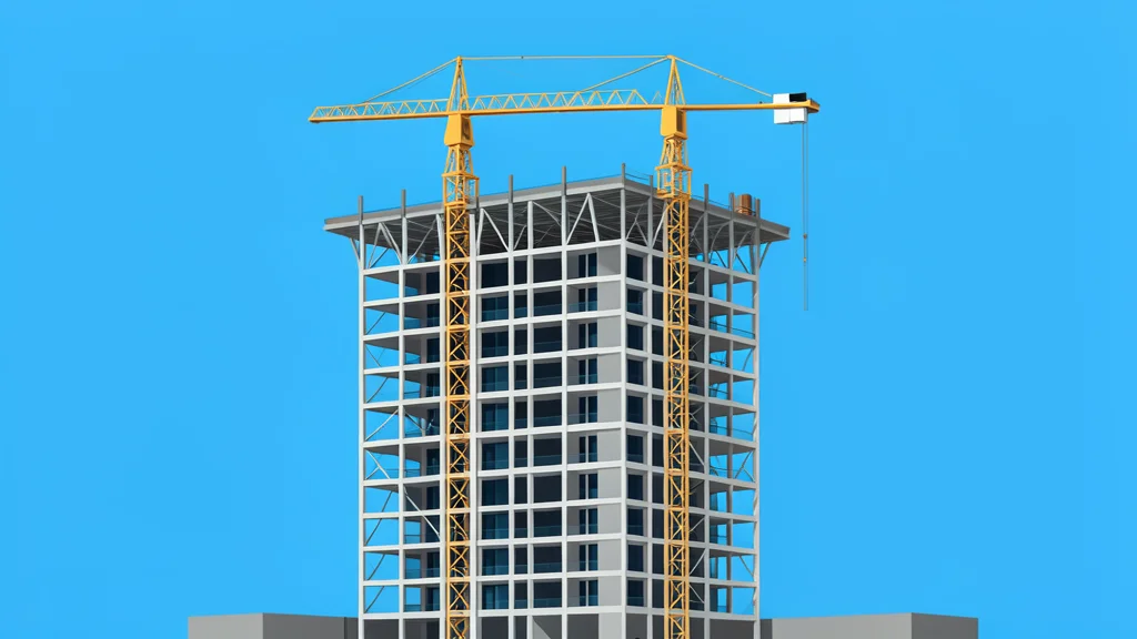 A modern high-rise residential building under construction with visible steel framework and cranes against a clear sky