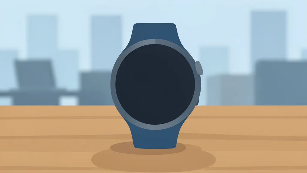 A close-up of a smartwatch face resting on a wooden table, with a blurred background of a quiet office environment.