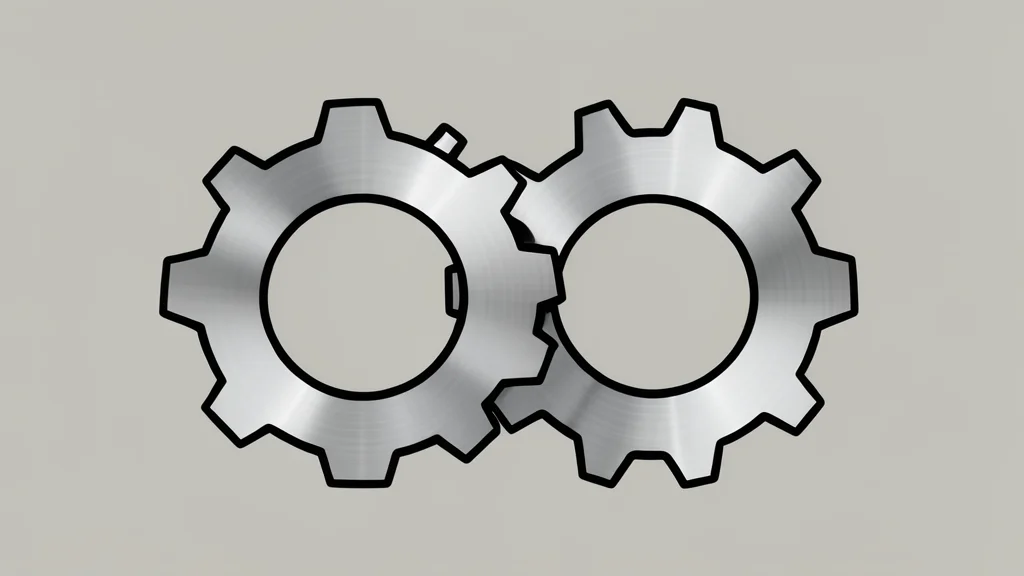 Two interlocking gears made of brushed metal, one slightly larger than the other, meshing together on a neutral background