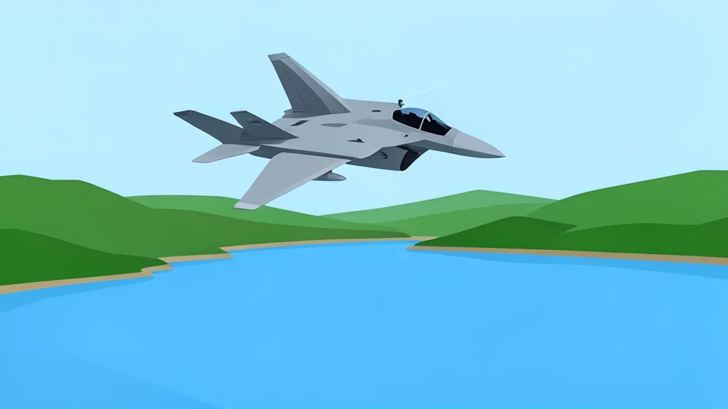 A sleek fighter jet flying high above a calm, blue reservoir landscape with distant green hills.