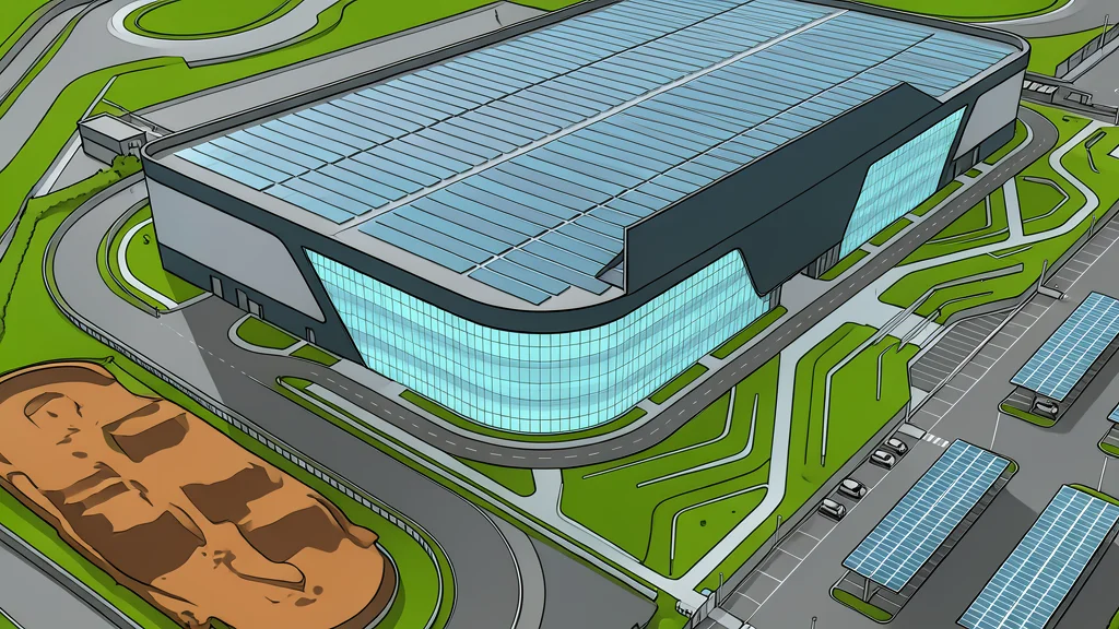 A modern industrial factory exterior with large glass windows and a clean, minimalist design