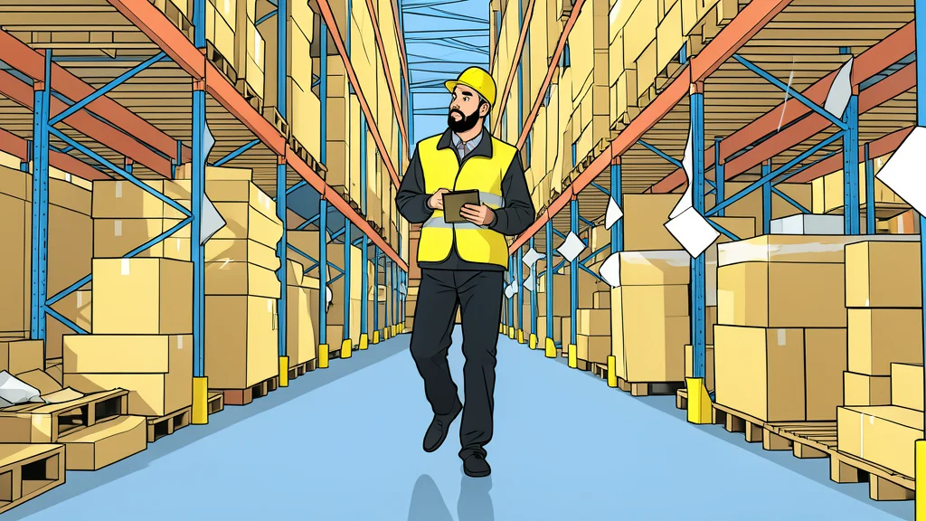 A long, organized aisle in a warehouse filled with metal shelving units holding industrial components and boxes
