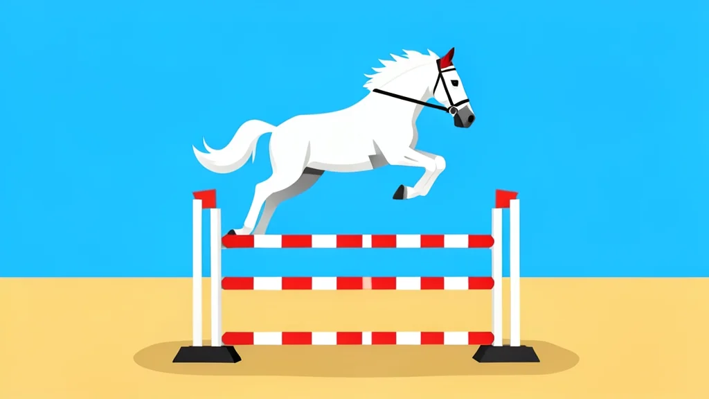 A white show jumping horse clearing a striped obstacle in a sandy arena