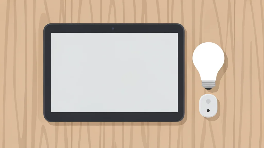 A large rectangular touchscreen tablet mounted on a wooden wall next to a white smart light bulb and a small wireless sensor device.