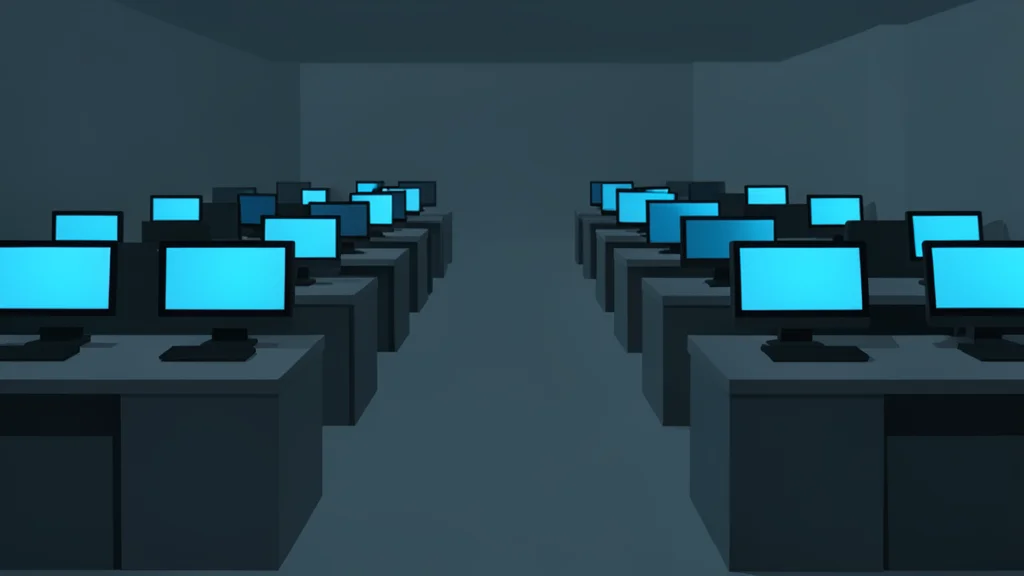 A dim trading floor with rows of desks and glowing computer monitors in the background.