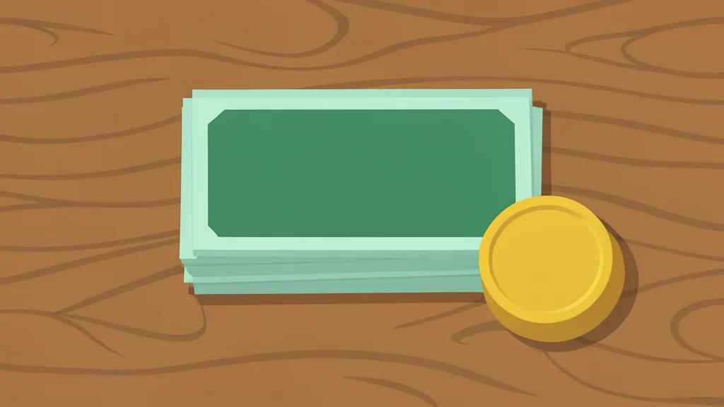 A stack of paper currency bills and a single gold coin resting on a wooden desk surface.
