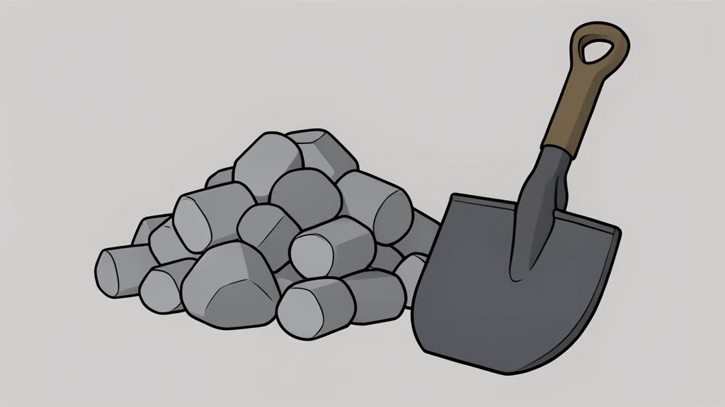 A pile of grey metallic ingots and a heavy industrial mining shovel