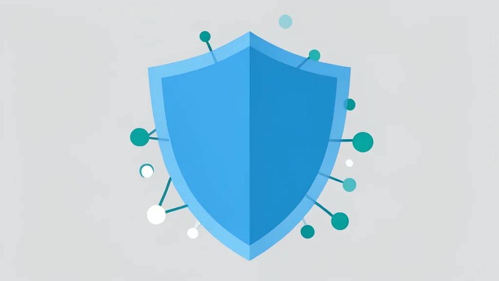 A stylized digital shield protecting a network of interconnected nodes