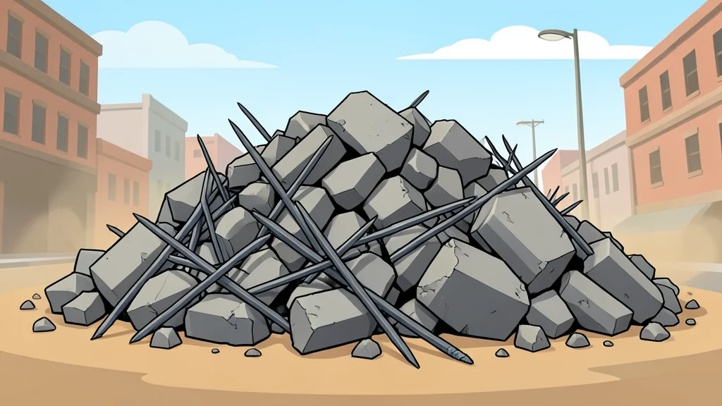A pile of broken concrete rubble and twisted rebar in a dusty, sunlit urban landscape
