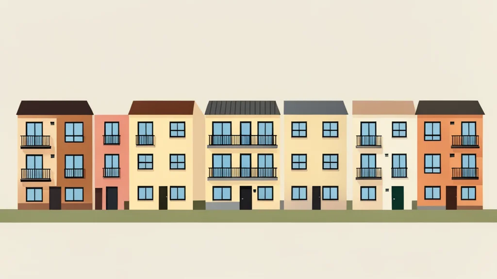 A row of suburban apartment buildings with balconies and windows