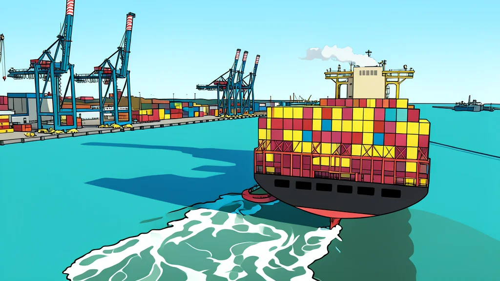 A flat-vector illustration of a large industrial harbor featuring cranes and a ship docked at a pier under a clear sky.