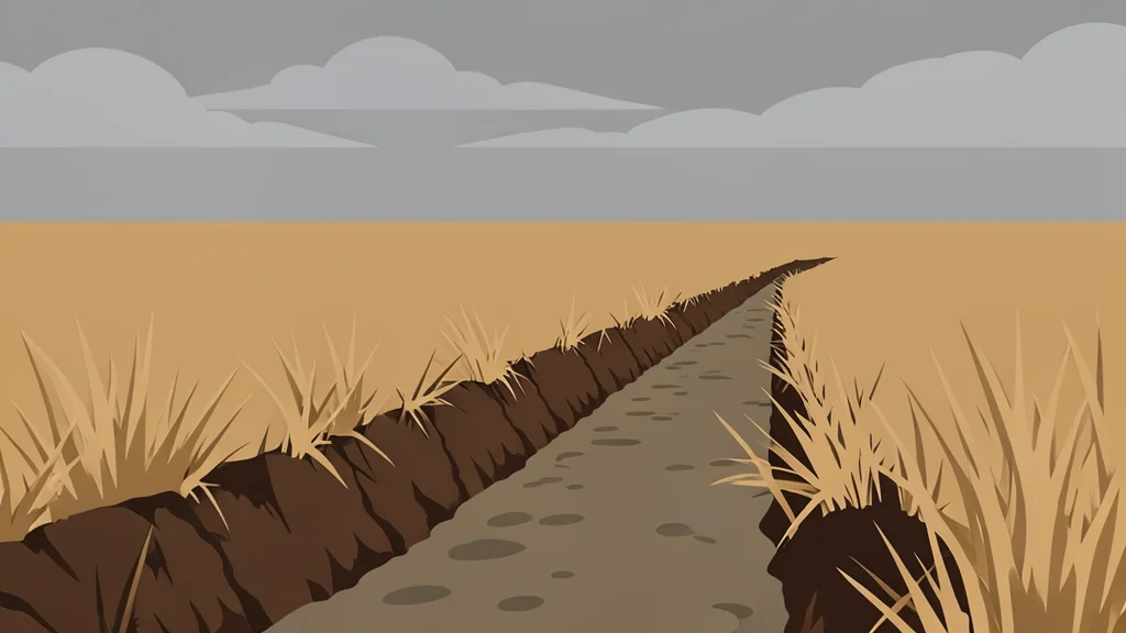 A muddy trench line cutting through a field of dry, golden grass under a grey sky