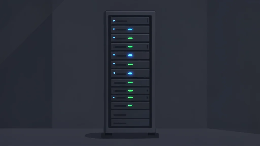 A tall server rack with small blinking lights in a dark room